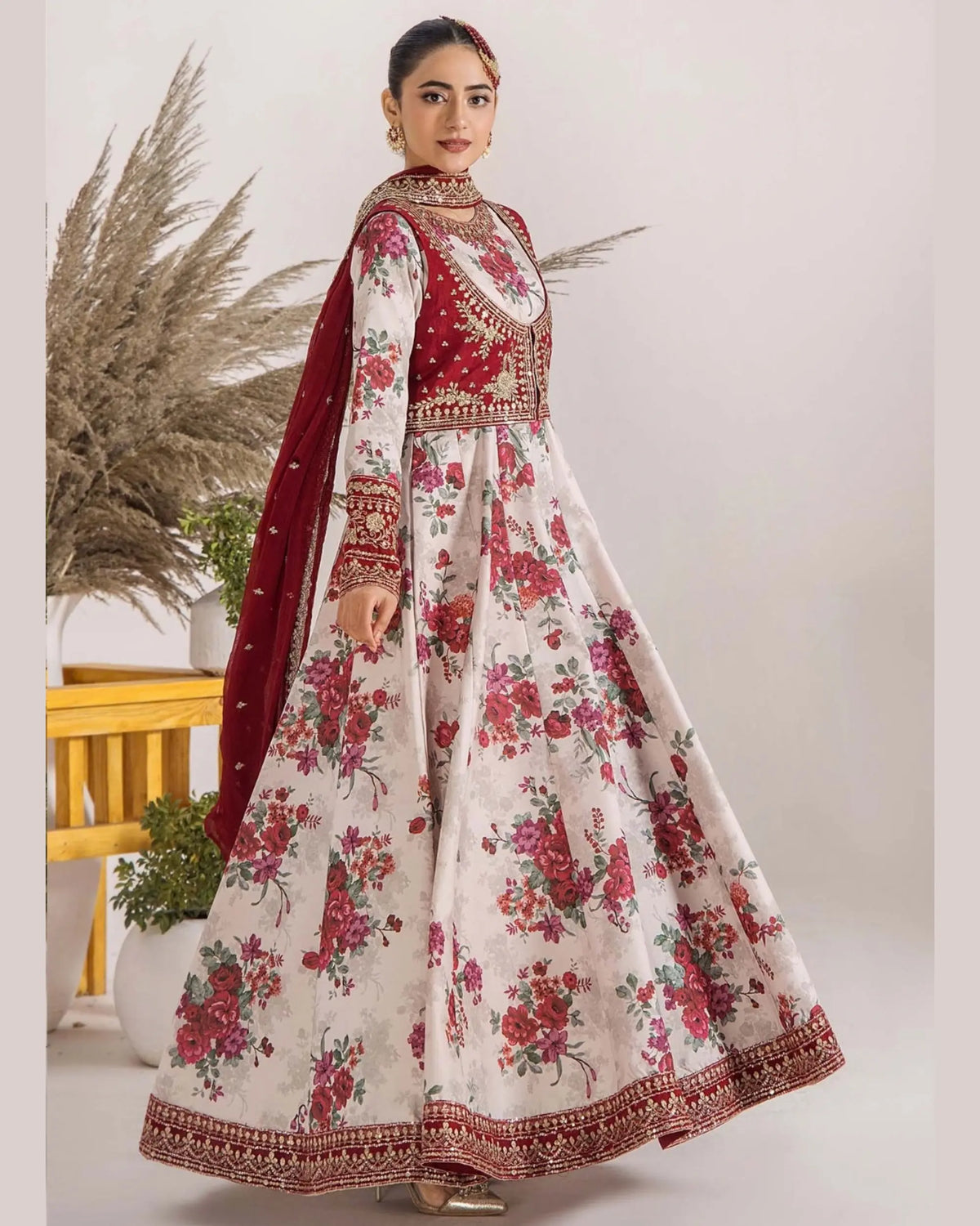CRS3 Floral Printed Frock with Embroidered Jacket