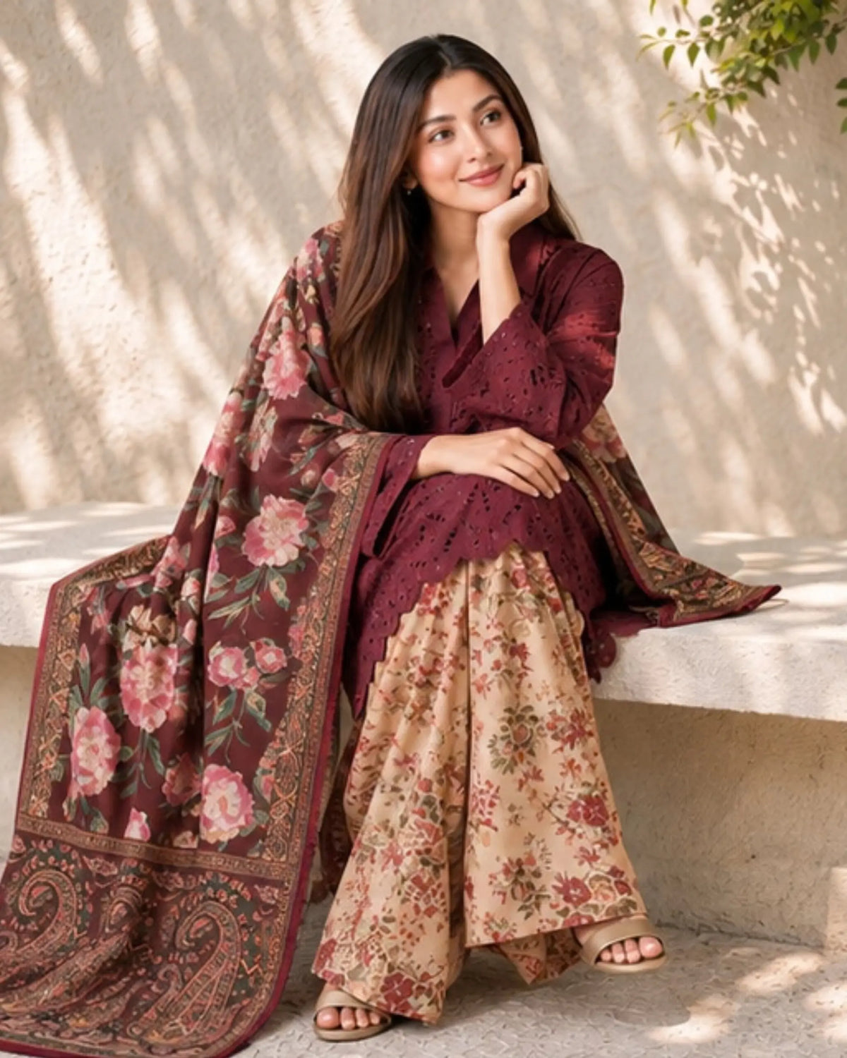 CRS2 3Pc Maroon Raw Silk Chicken Kari