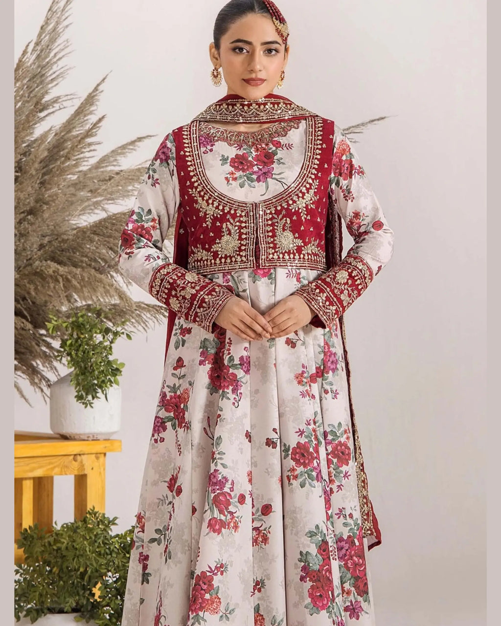 CRS3 Floral Printed Frock with Embroidered Jacket
