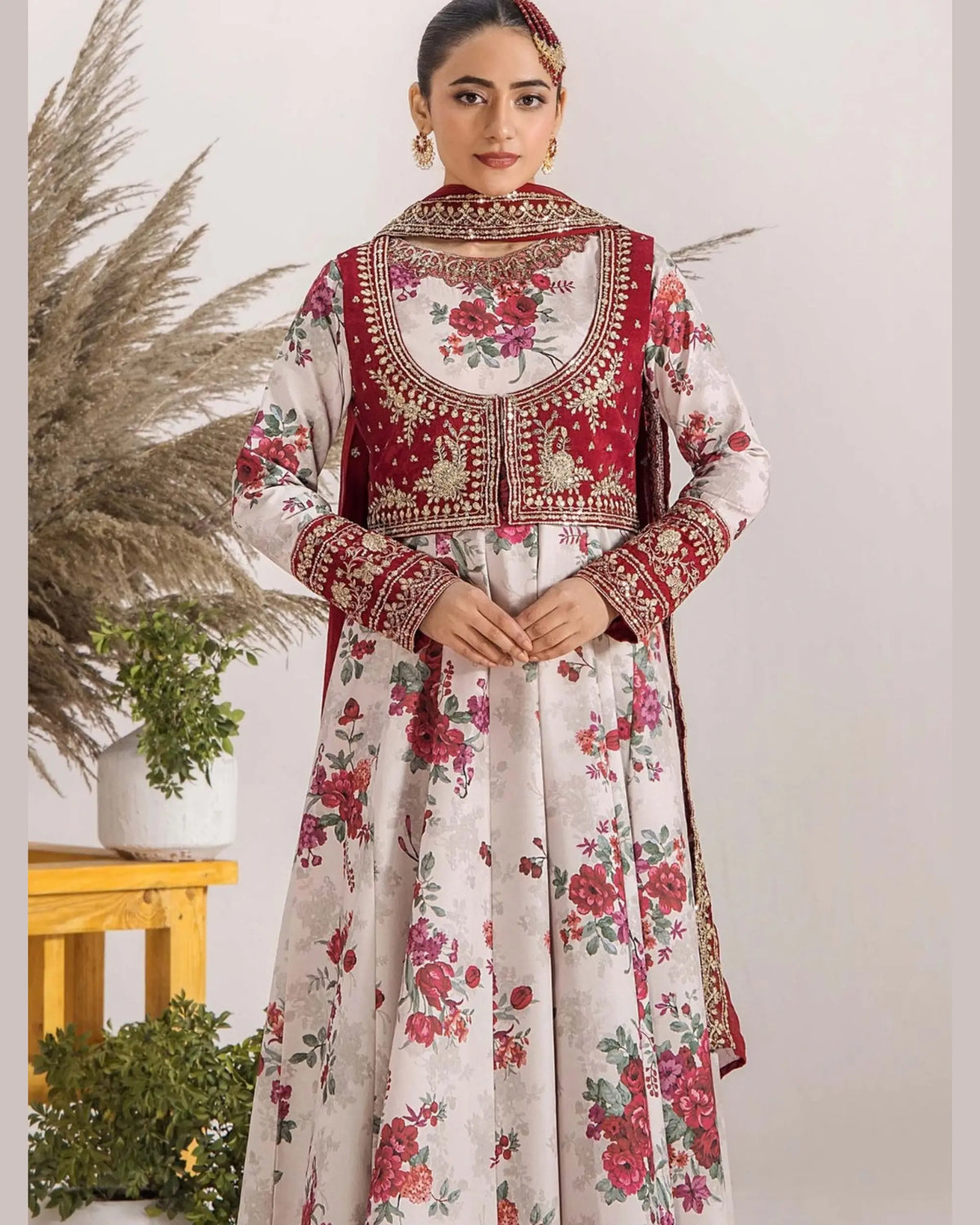 CRS3 Floral Printed Frock with Embroidered Jacket