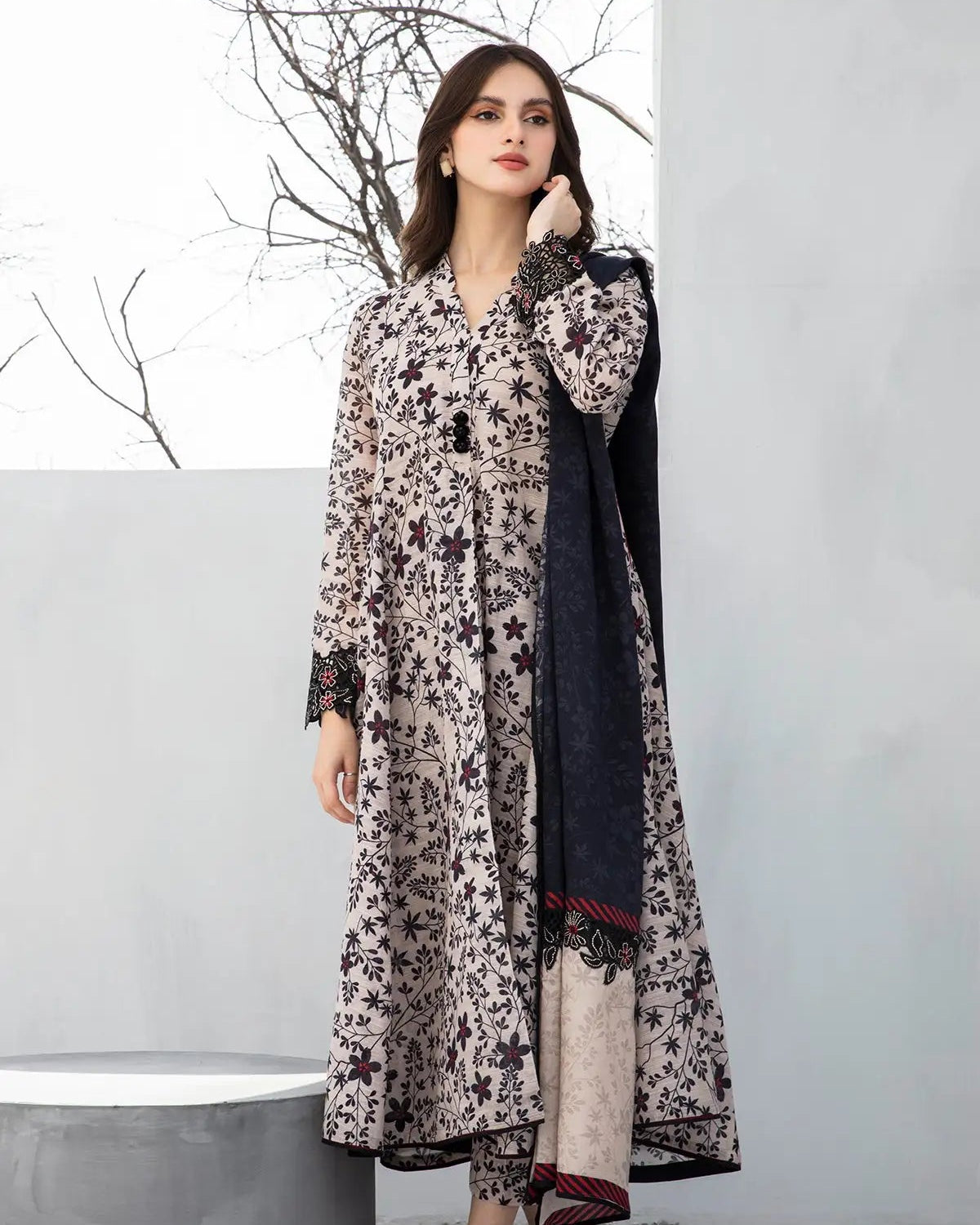 CRS8 Midnight Floral Printed & Embroidered 3-Piece Lawn Suit