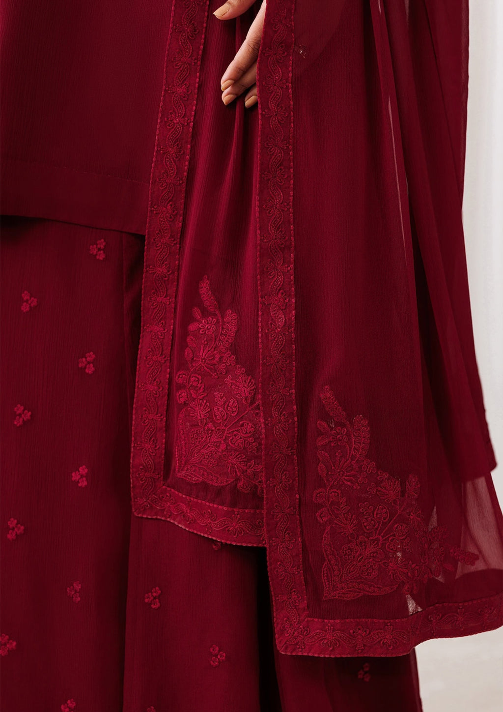 CRS14 Maroon Embroidered Chiffon 3-Piece Formal Suit