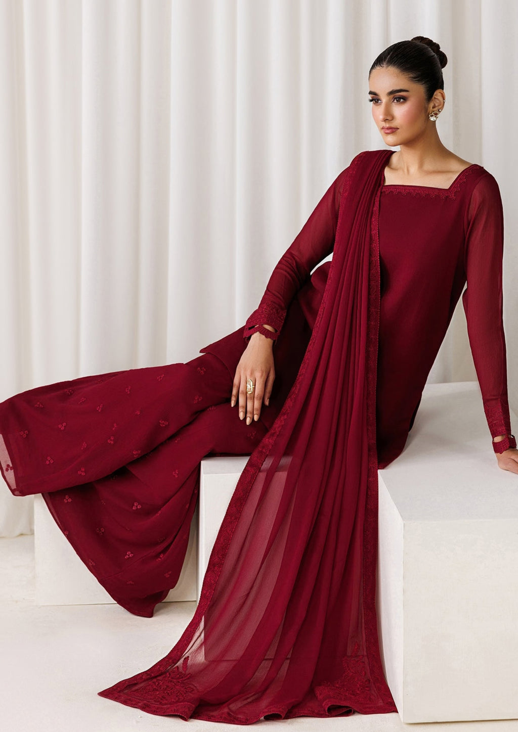 CRS14 Maroon Embroidered Chiffon 3-Piece Formal Suit
