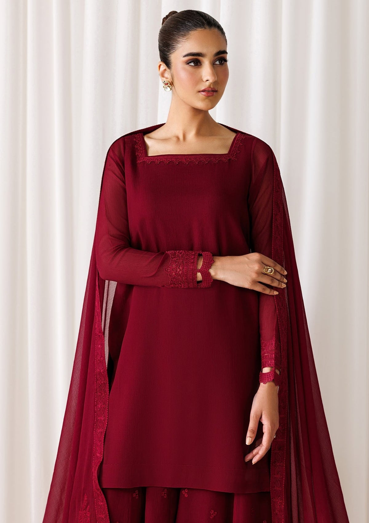 CRS14 Maroon Embroidered Chiffon 3-Piece Formal Suit