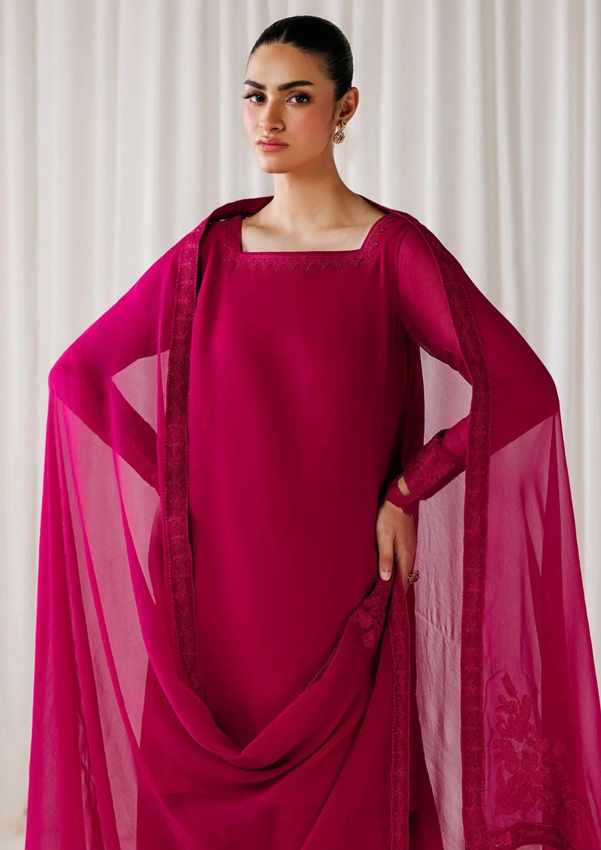 CRS13 Magenta Pink Chiffon 3-Piece Embroidered Suit