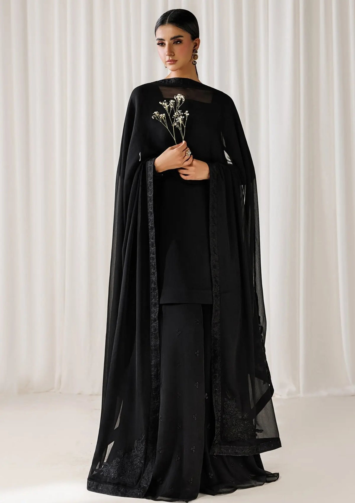 CRS11 Black Chiffon 3-Piece Embroidered Suit with Elegant Dupatta