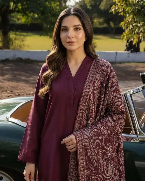 CRS10 Maroon 3 Piece | Embroidered Bareeza Shawl & Lace Detail