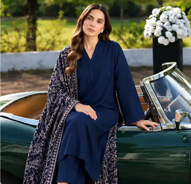 CRS7 Navy 3 Piece | Embroidered Bareeza Shawl & Lace Detail