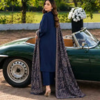 CRS7 Navy 3 Piece | Embroidered Bareeza Shawl & Lace Detail