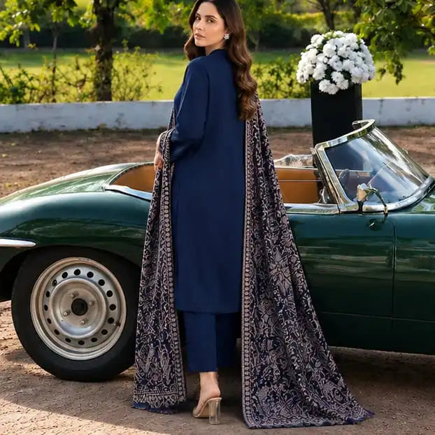 CRS7 Navy 3 Piece | Embroidered Bareeza Shawl & Lace Detail