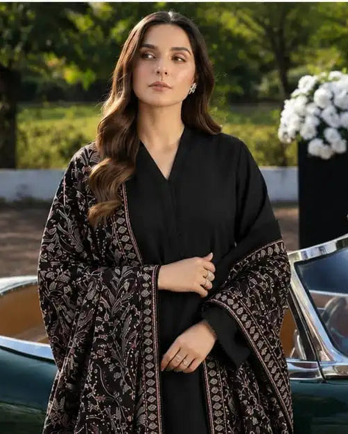 CRS9 Black 3 Piece | Embroidered Bareeza Shawl & Lace Detail