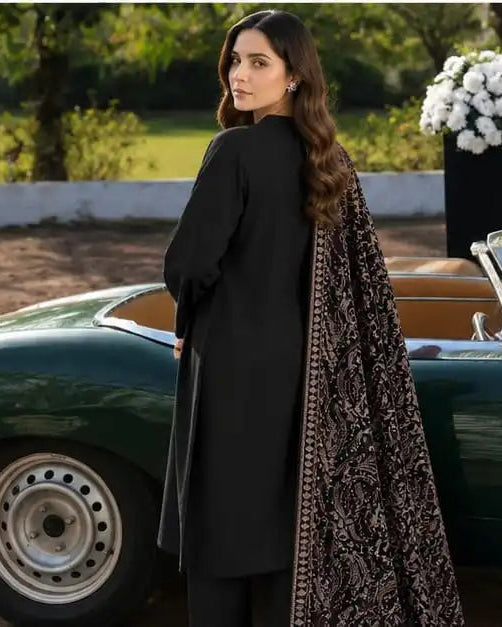 CRS9 Black 3 Piece | Embroidered Bareeza Shawl & Lace Detail