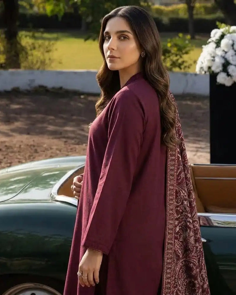CRS10 Maroon 3 Piece | Embroidered Bareeza Shawl & Lace Detail