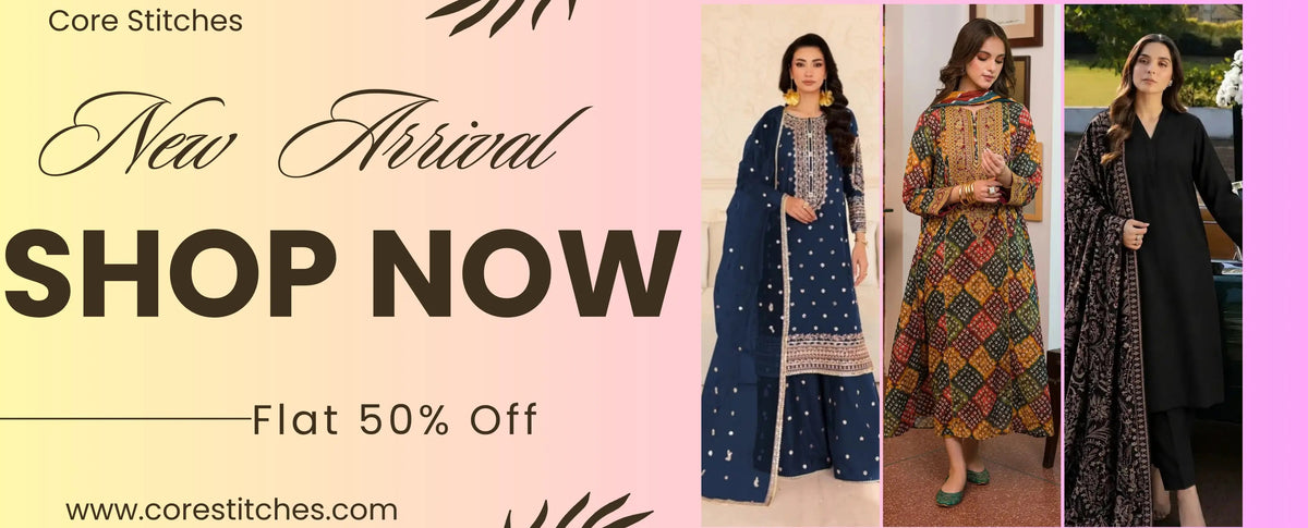 Promotional banner for Core Stitches featuring three women modeling traditional South Asian salwar kameez suits. The left side has a pink-to-yellow gradient background with text reading 'Core Stitches', 'New Arrival', 'SHOP NOW', and 'Flat 50% Off', along with the website corestitches.